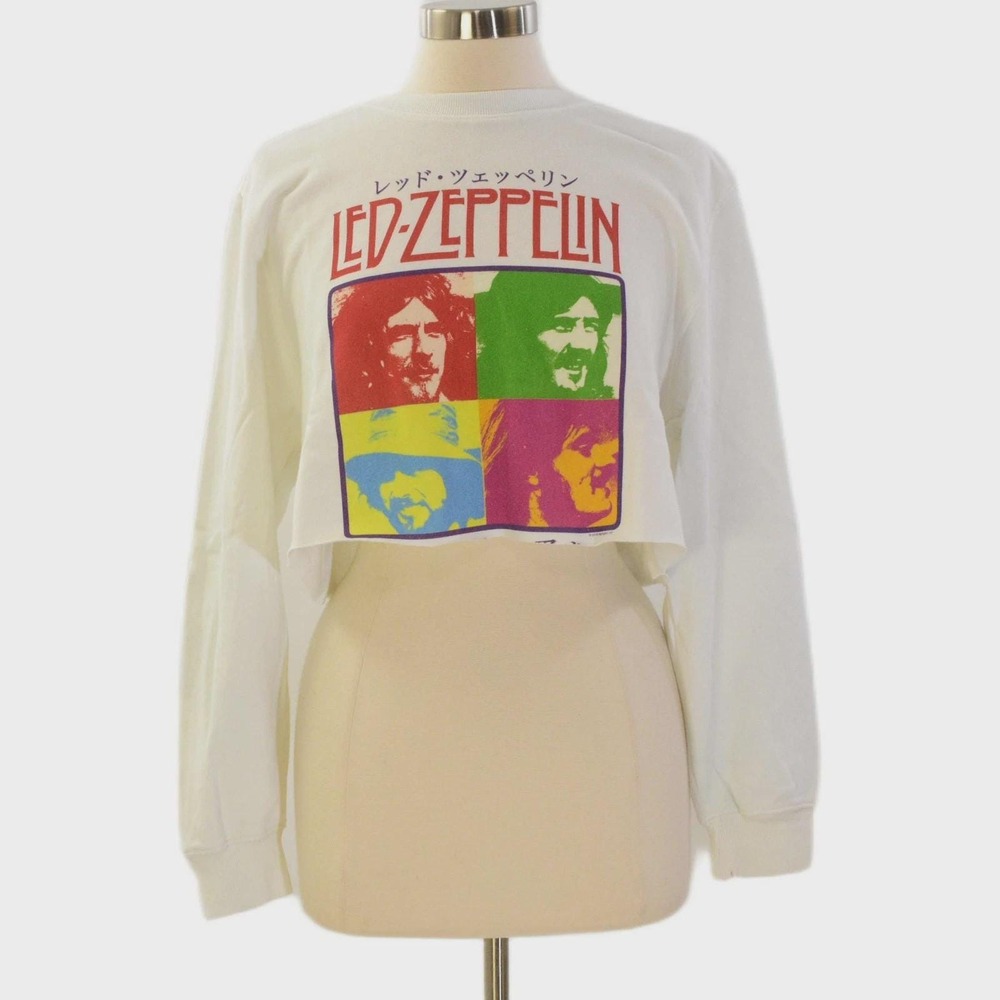 Retro Led Zeppelin Single Sided Graphic Sweatshirt Womens L White Cropped Sweate